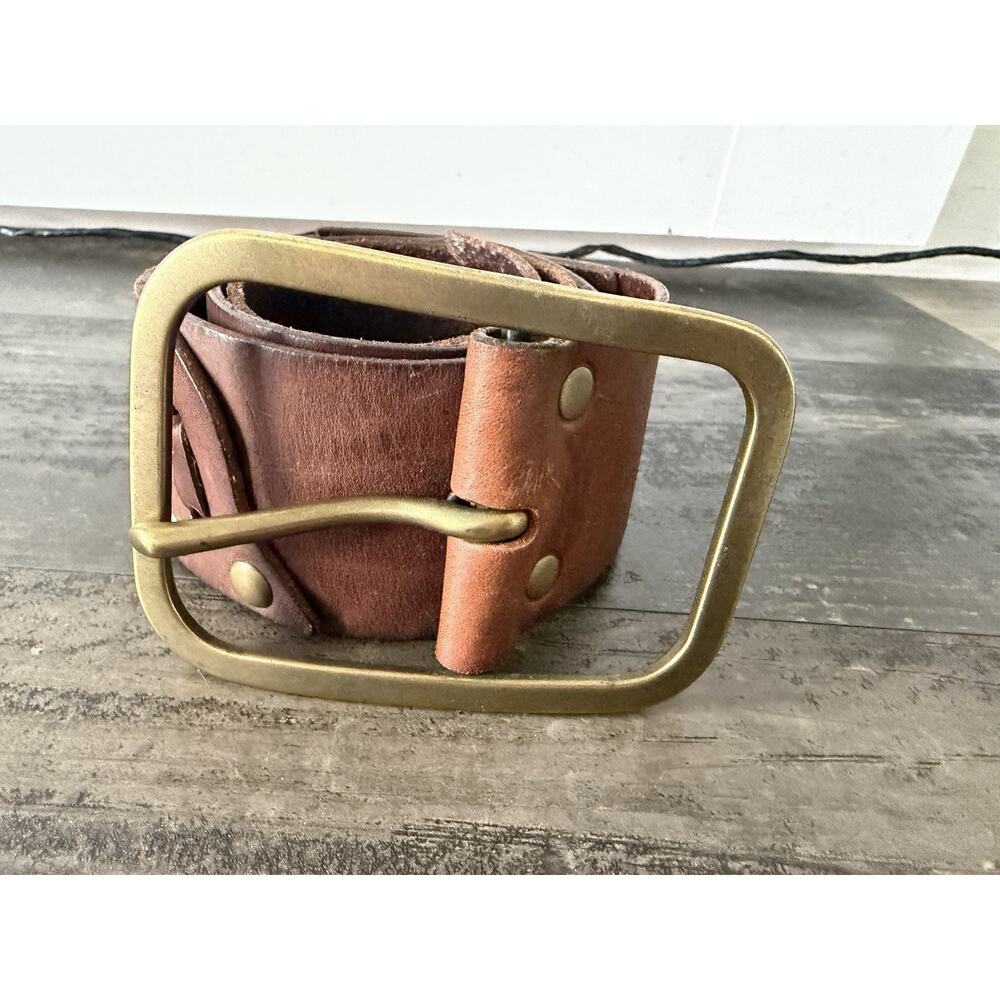 LP Solid Brass Buckle Brown Leather Belt Handmade Distressed Western Biker 35.5”